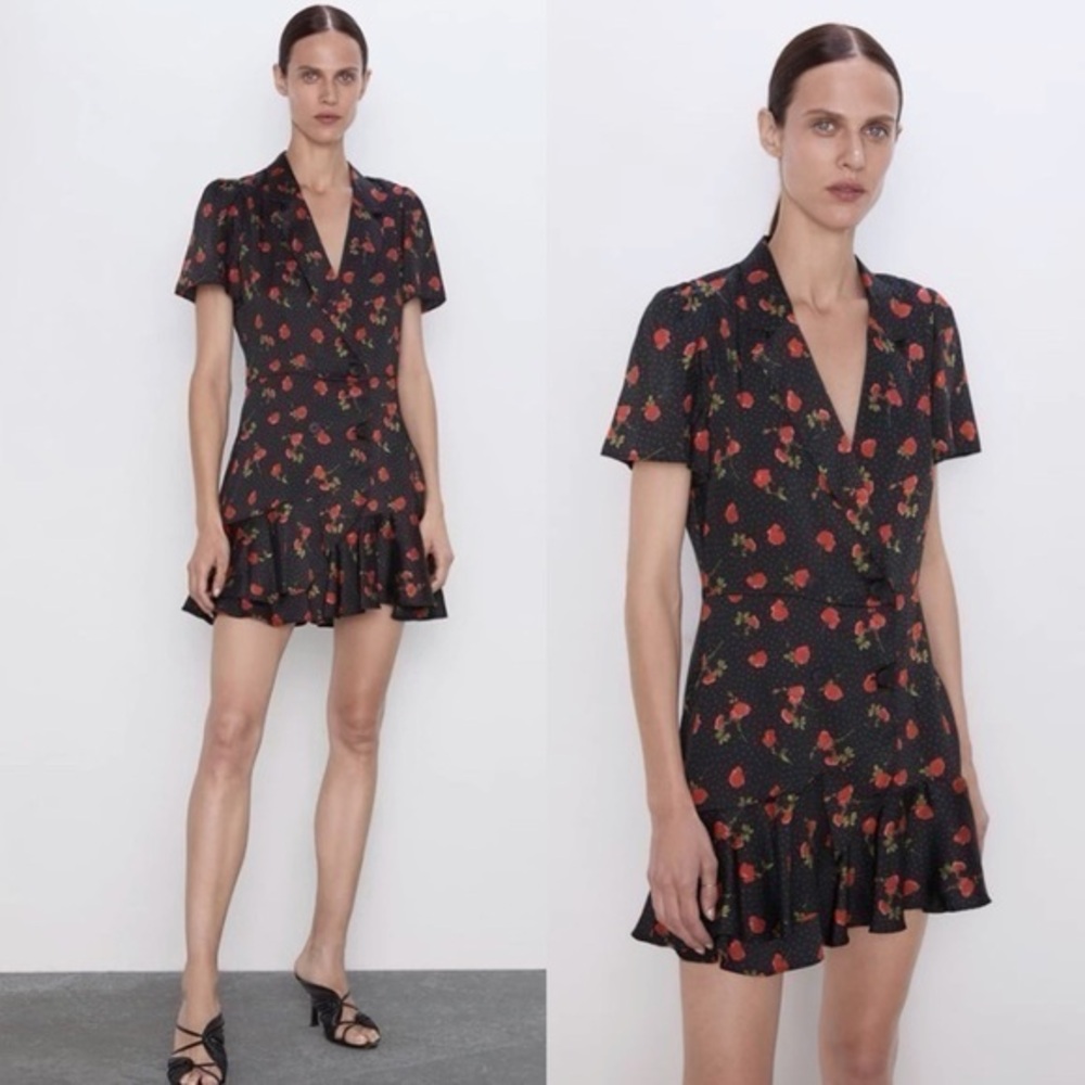 Zara Black Floral Wrap Romper with Red Strawberry Print